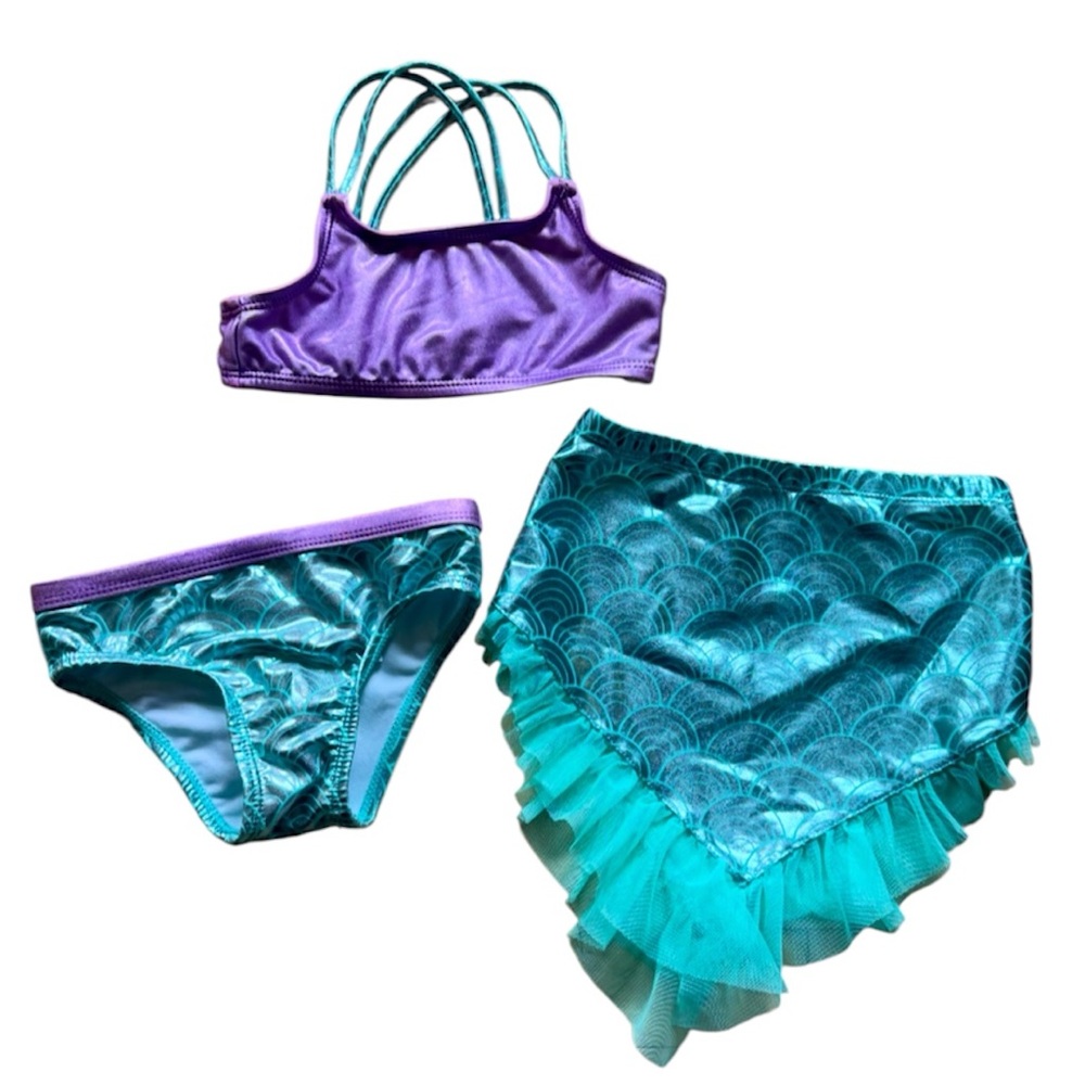 3 Piece Bikini Set w Skirt Mermaid Ariel PurpleTeal Kids Swim 2T! SeaCore!Beach